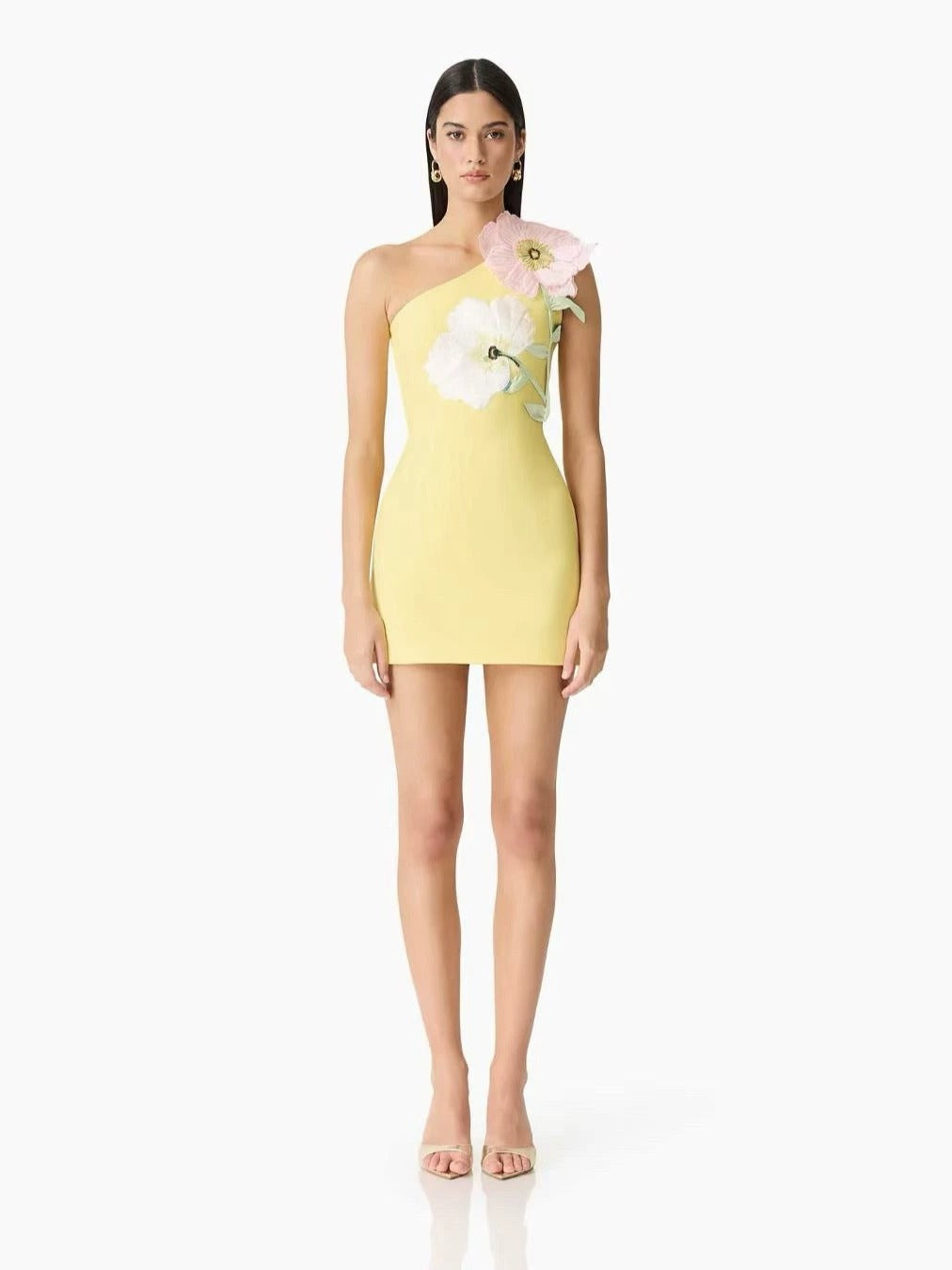Destaing Floral Appliqué One Shoulder Mini Dress In Yellow