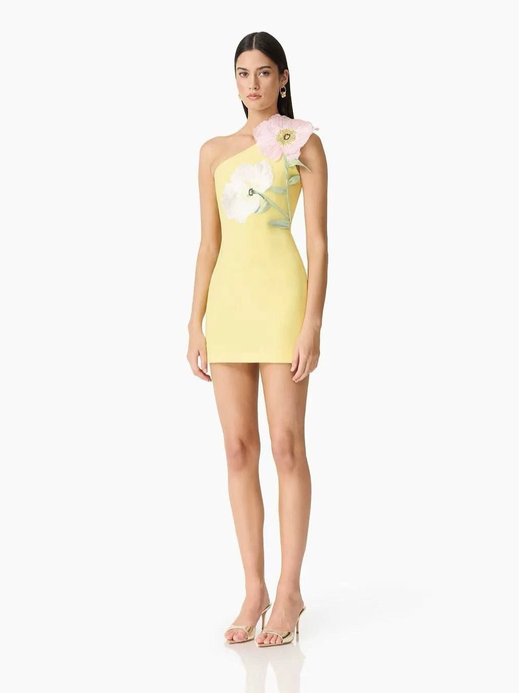 Destaing Floral Appliqué One Shoulder Mini Dress In Yellow
