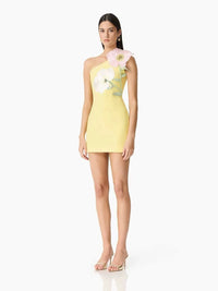 Destaing Floral Appliqué One Shoulder Mini Dress In Yellow