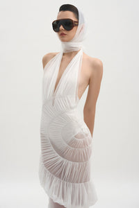 Rohak Halter Ruched Ruffle Maxi Dress In White