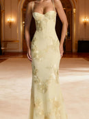 Dichen Yellow Floral Appliqué Corset Maxi Dress