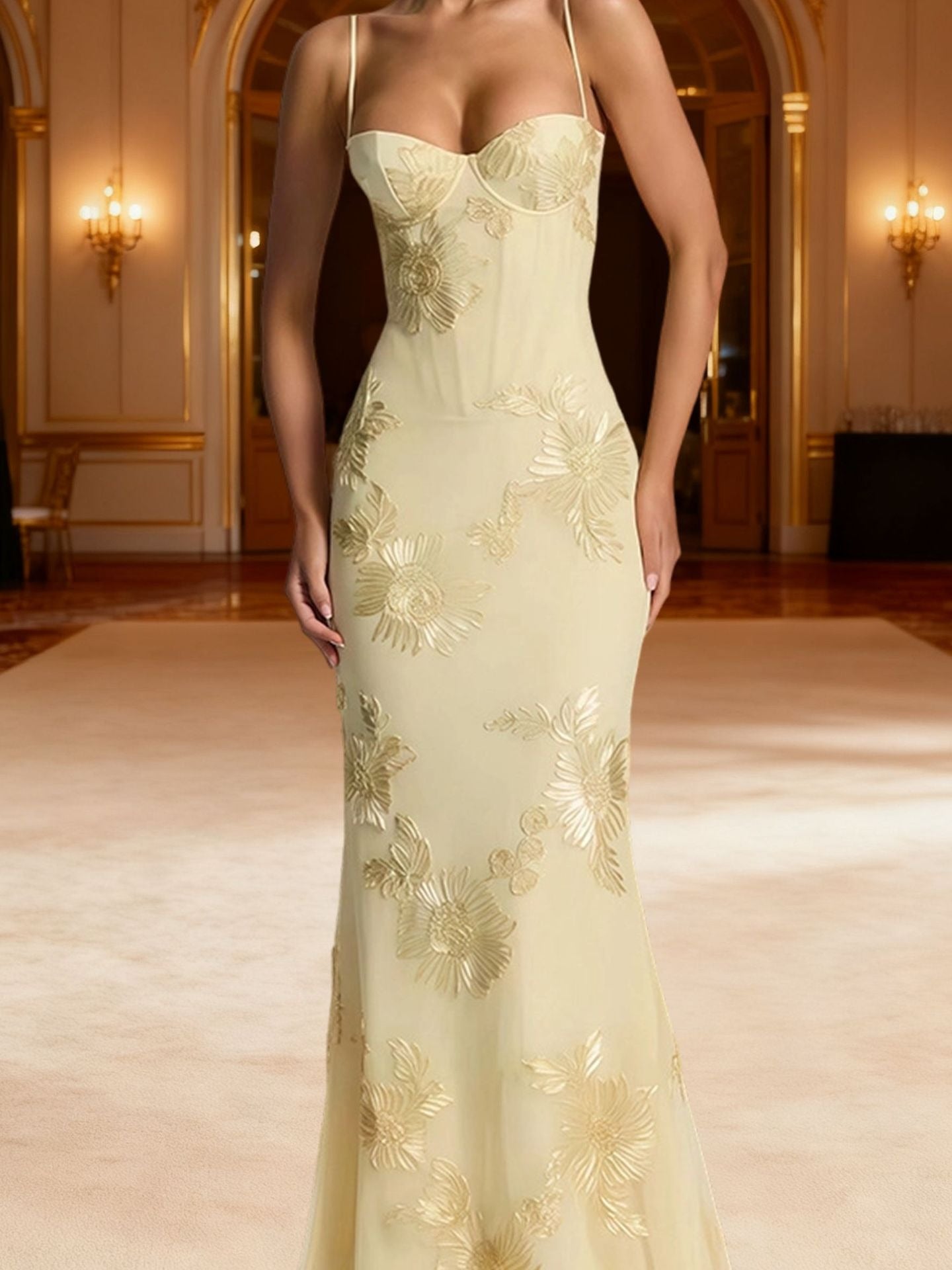 Dichen Yellow Floral Appliqué Corset Maxi Dress
