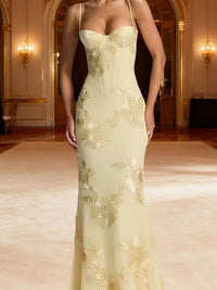 Dichen Yellow Floral Appliqué Corset Maxi Dress