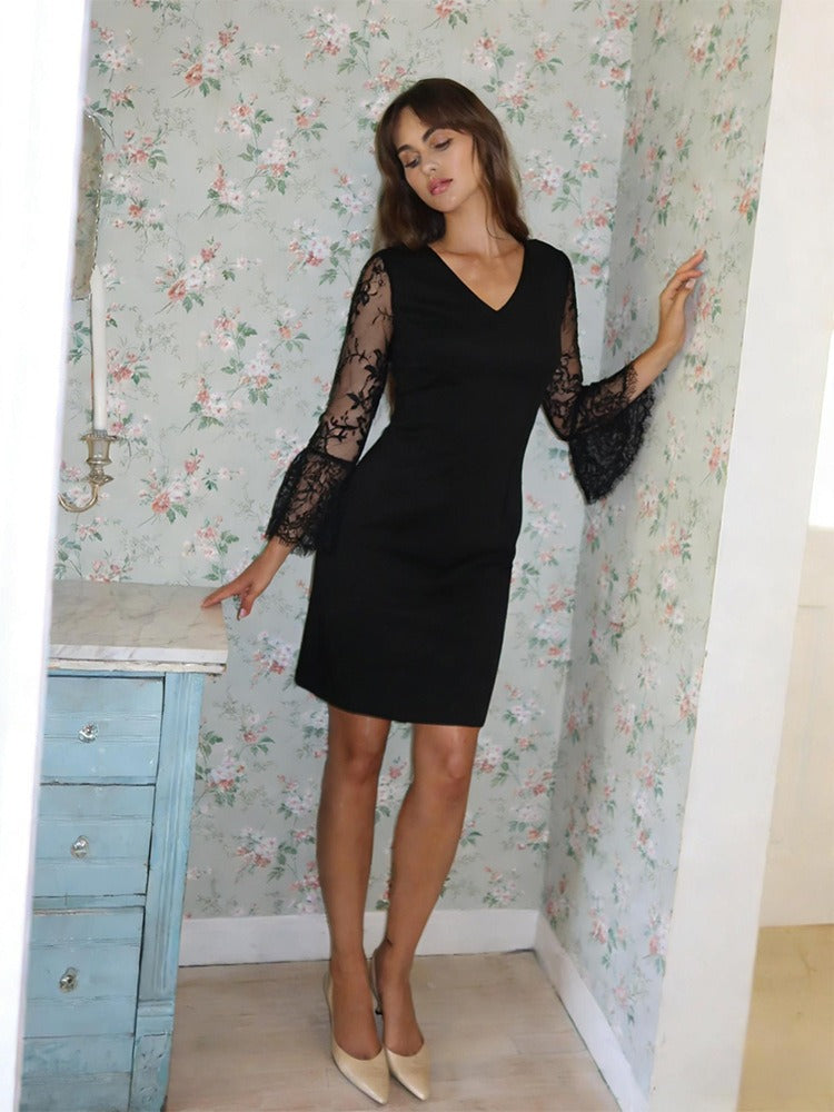 Mavrixa Lace Long Sleeve Mini Dress In Black