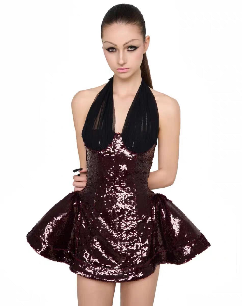 Laldris Halter Sequin Corset Mini Dress In Burgundy