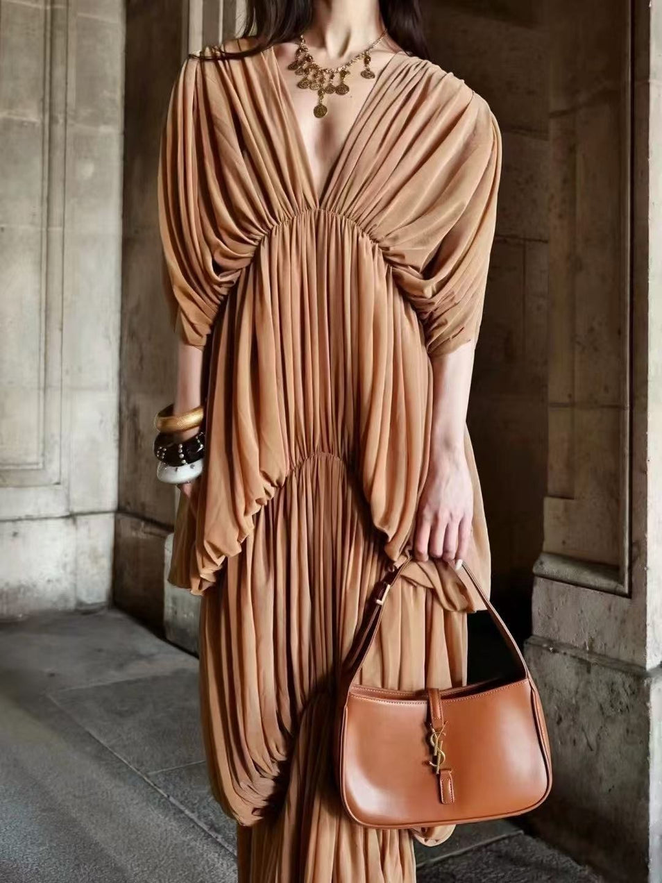 Eltarek V Neck Draped Maxi Dress