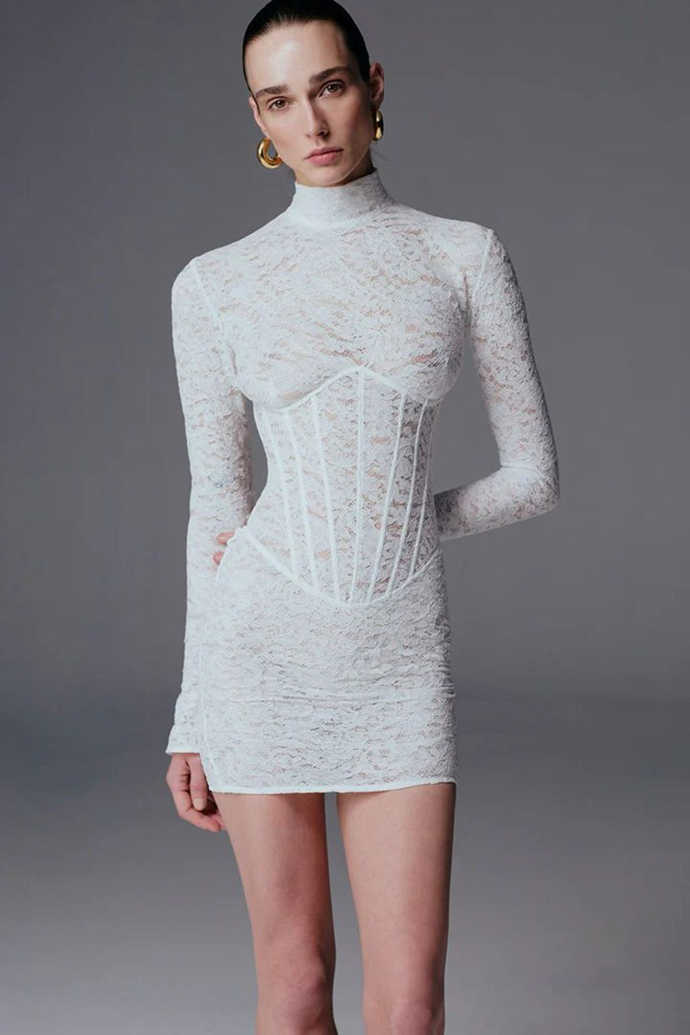 Yxalira Lace Jacquard Fishbone Bodycon Mini Dress In White