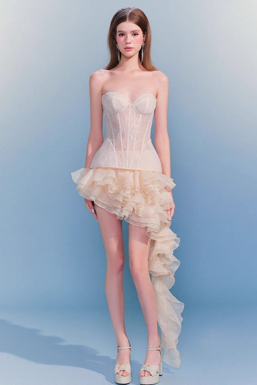 Hyressa Strapless Lace Corset Ruffle Mini Dress In Ivory
