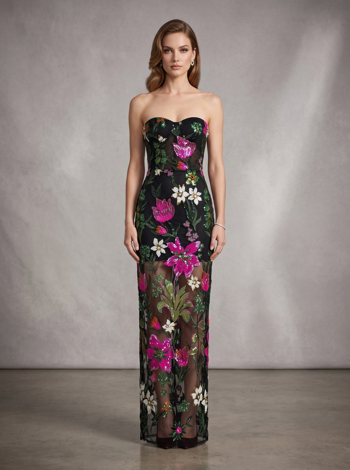 Chalina Strapless Sequin Flower Maxi Dress