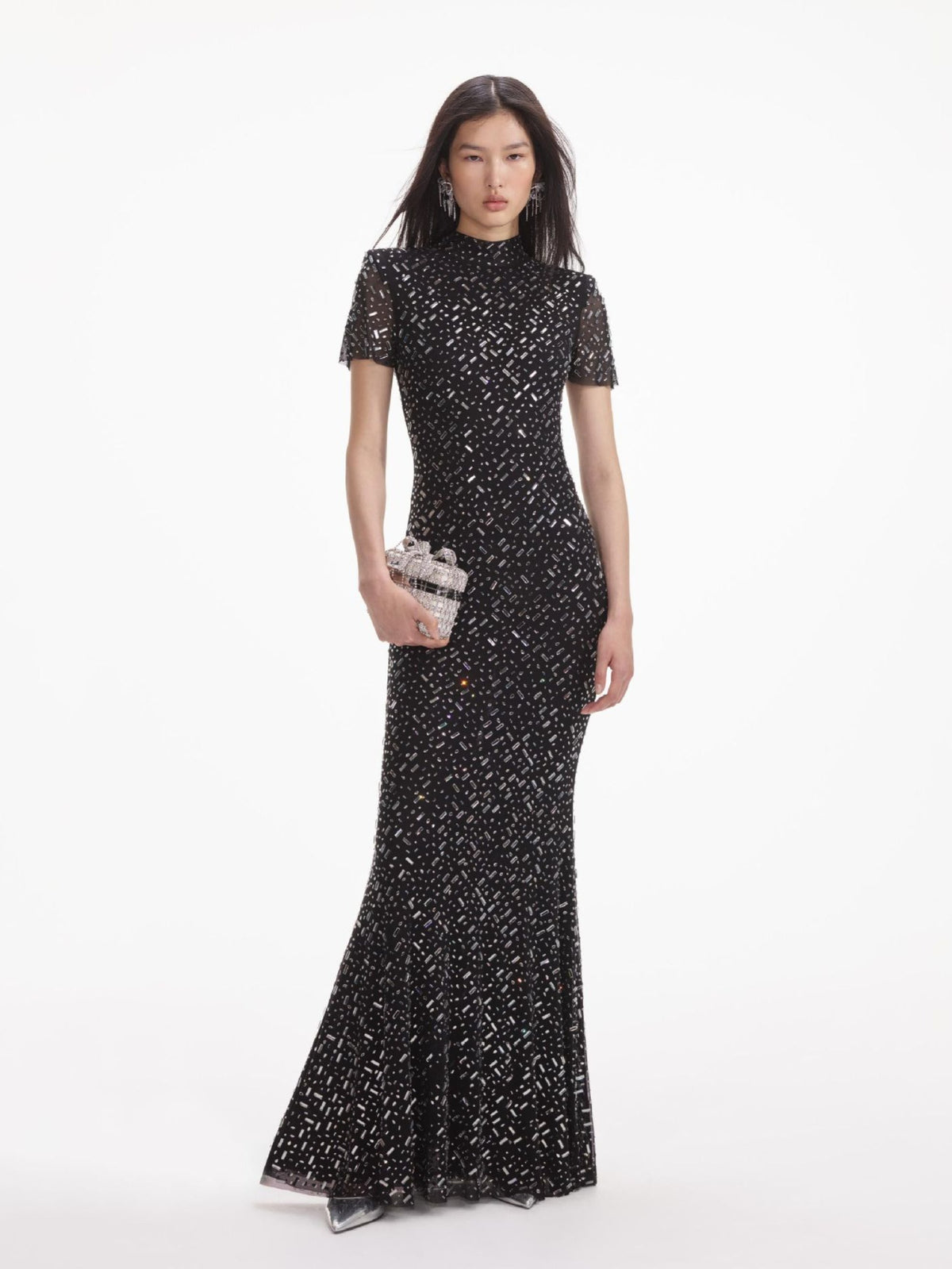 Maelthas Short Sleeve Crystal Mesh Maxi Dress In Black