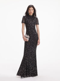 Maelthas Short Sleeve Crystal Mesh Maxi Dress In Black