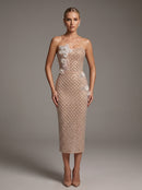 Qelvan Strapless Flower Embellished Midi Dress