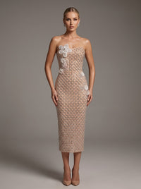 Qelvan Strapless Flower Embellished Midi Dress