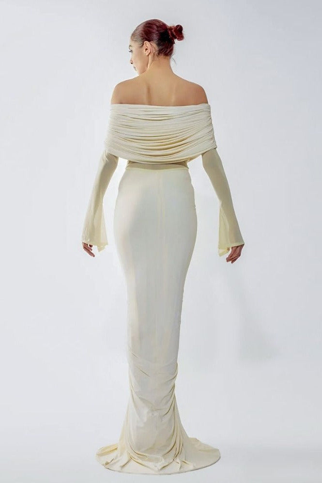Geyeron Long Sleeve Draped Bardot Maxi Dress In Ivory