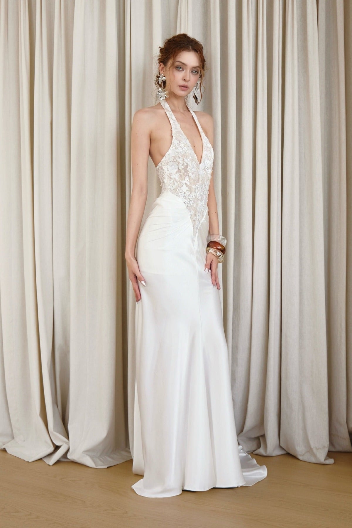 Orzavi Lace Backless Maxi Dress In White