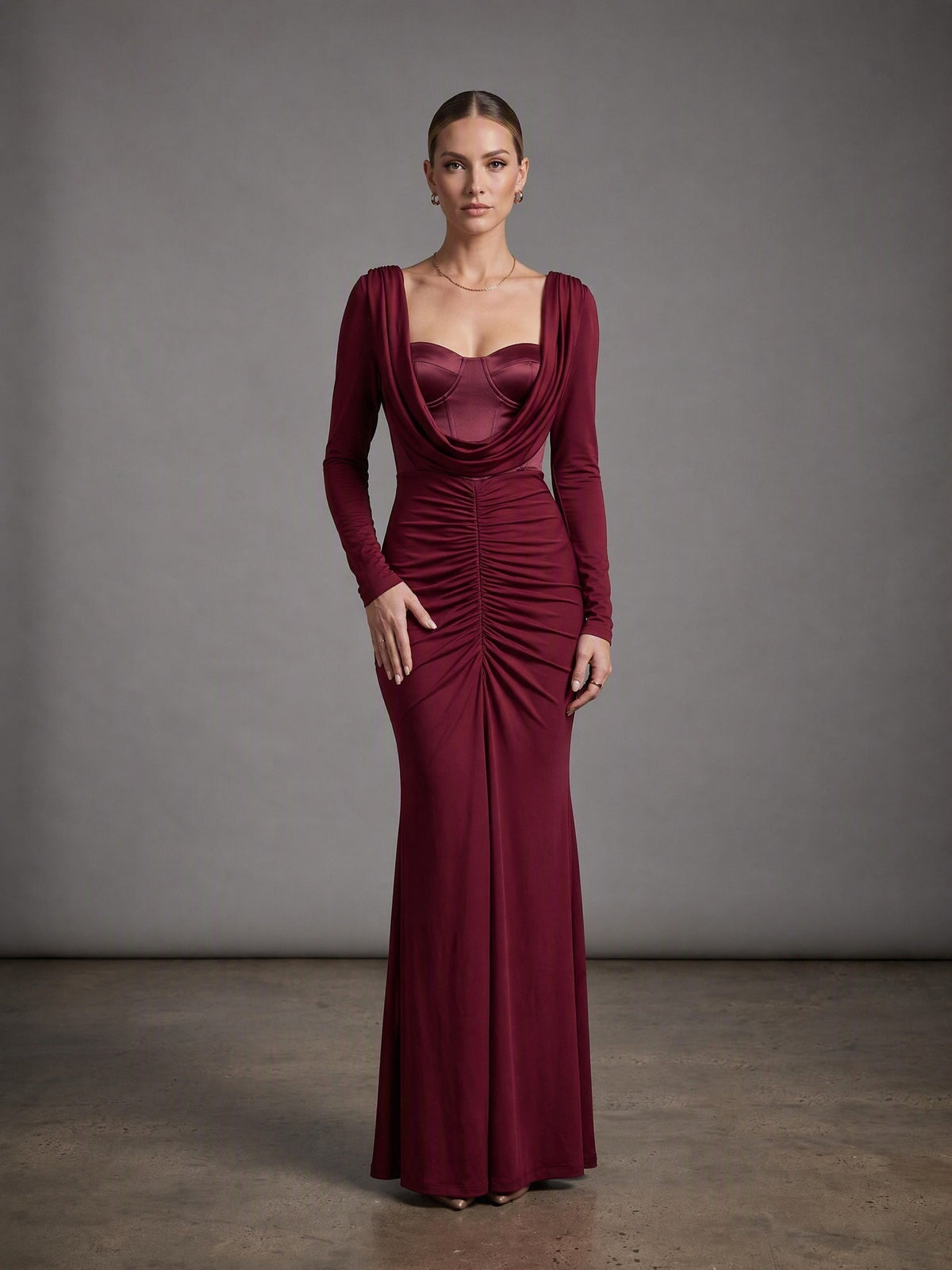 Evarik Long Sleeve Draped Bustier Maxi Dress