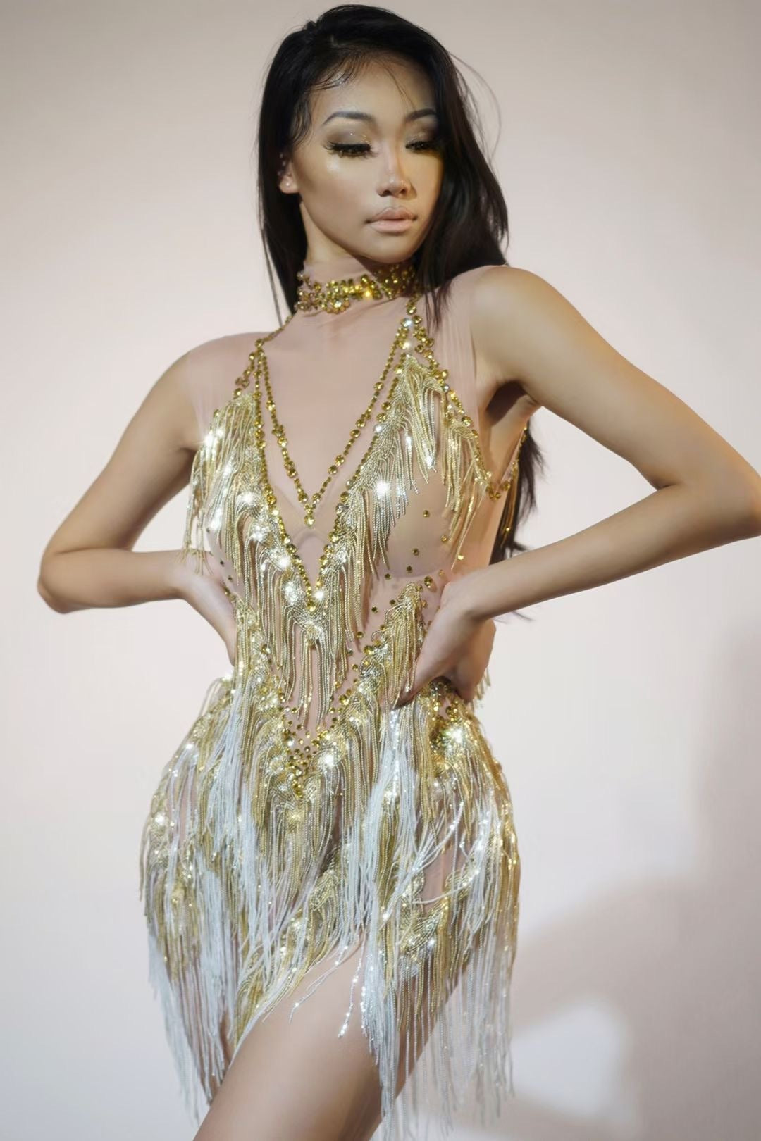 Jelliton Rhinestone Fringe Mesh Mini Bodysuit In Gold