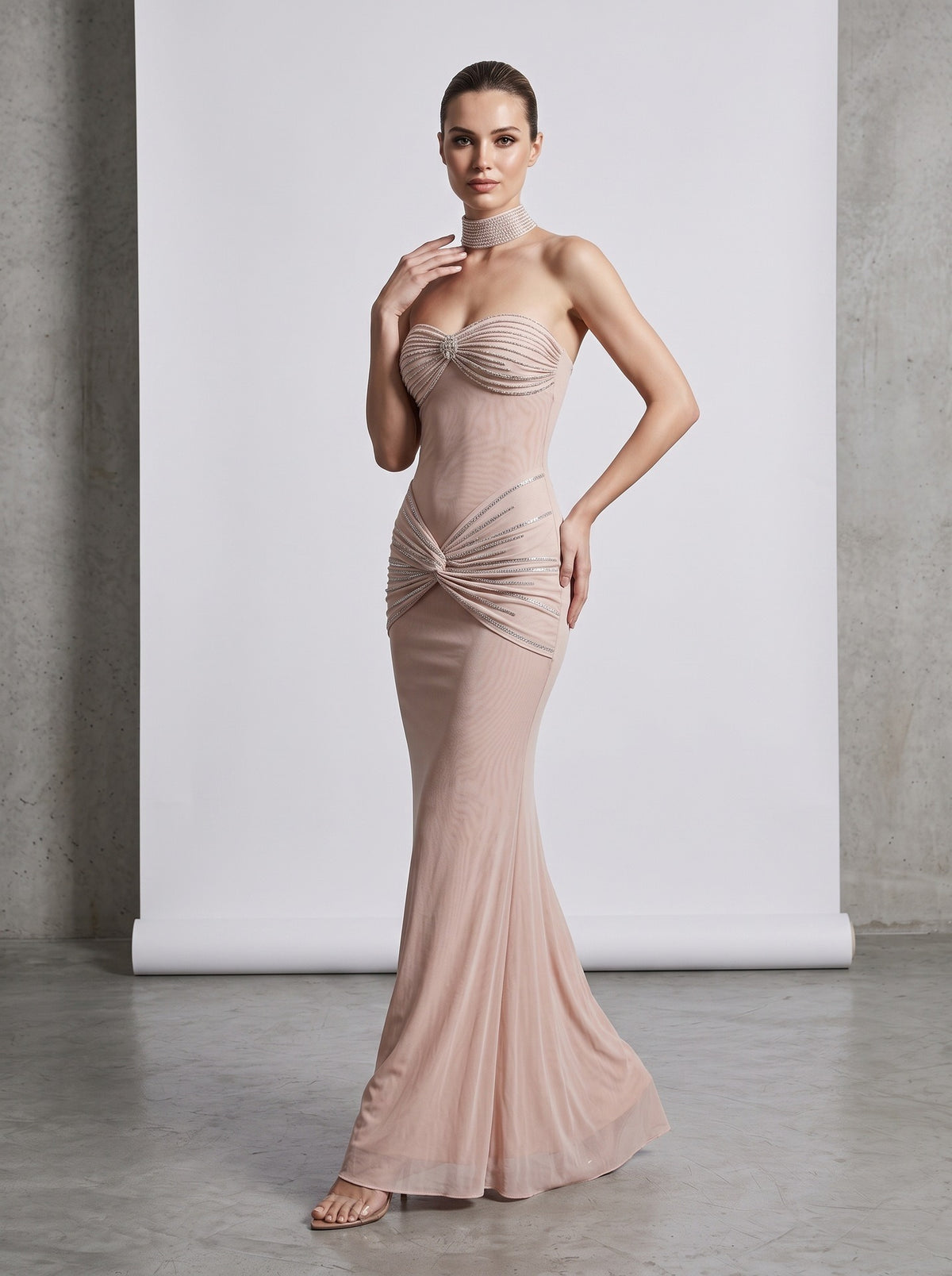 Xirelli Rhinestone-Embellished Mesh Bow Maxi Dress
