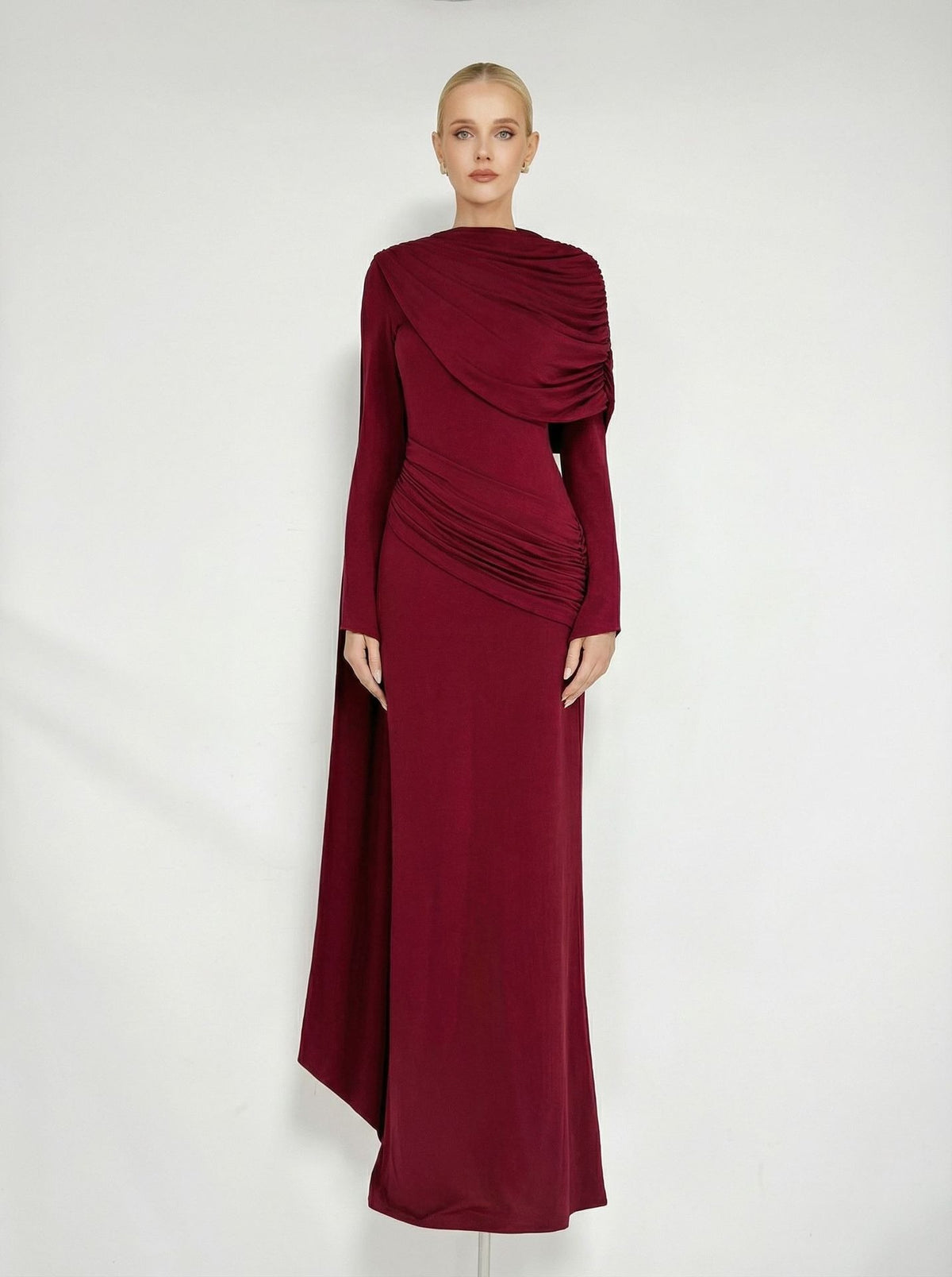 Euleta Shawl Draped Maxi Dress In Wine