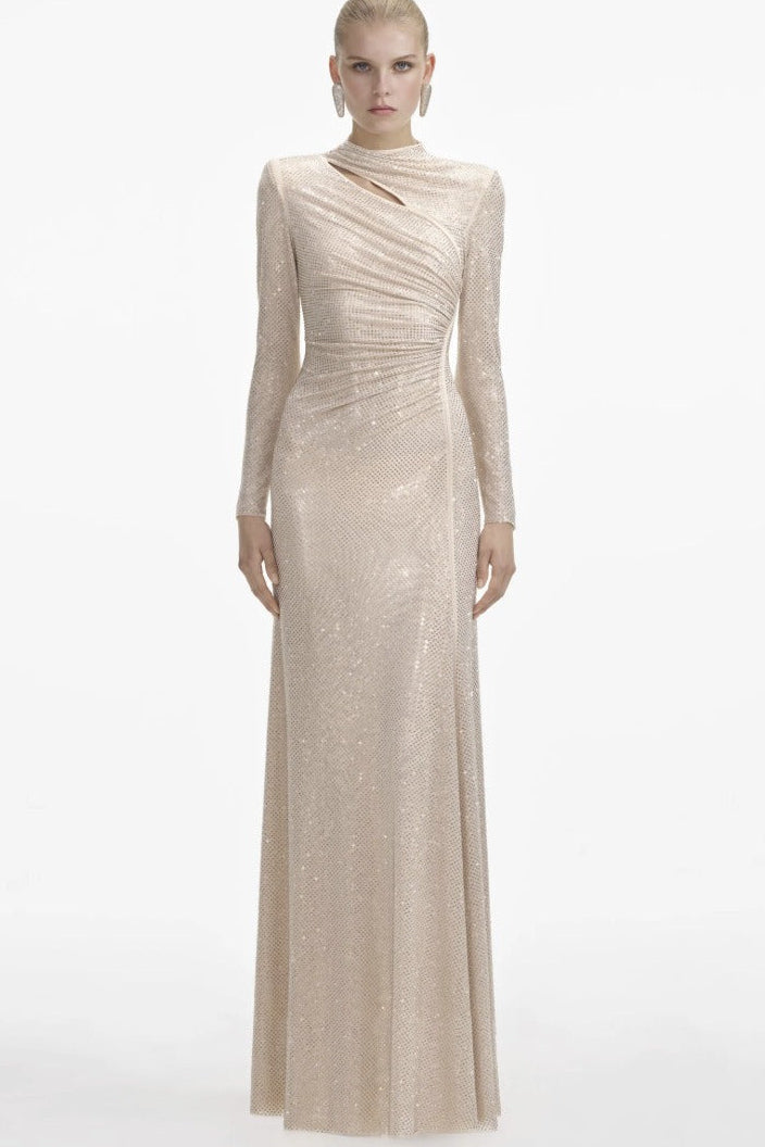 Antares Long Sleeve Embellished Maxi Dress In Nude