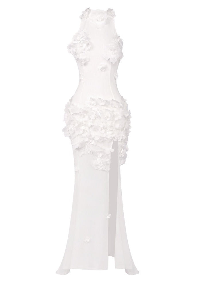 Elodia Flower High Split Mesh Maxi Dress In White