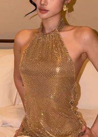 Zymera Halterneck Rhinestone Mesh Skirt Set