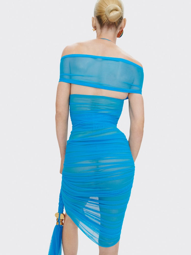 Natara Halter Draped Mini Dress In Blue