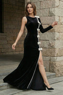 Fareeha One Sleeve Bow Detail Maxi Velvet Dress In Black White