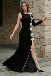Fareeha One Sleeve Bow Detail Maxi Velvet Dress In Black White