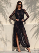 Savenzi Lace Draped Split Maxi Dress