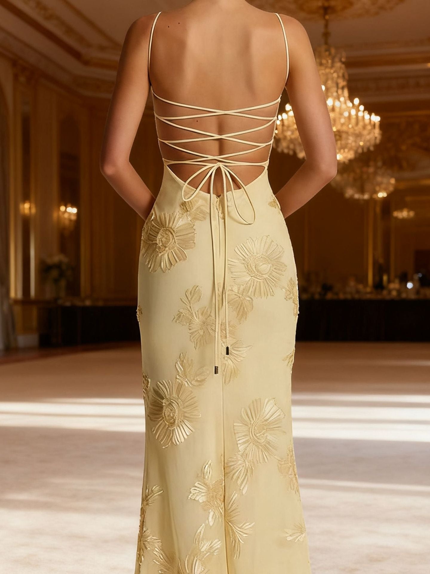 Dichen Yellow Floral Appliqué Corset Maxi Dress