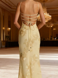 Dichen Yellow Floral Appliqué Corset Maxi Dress