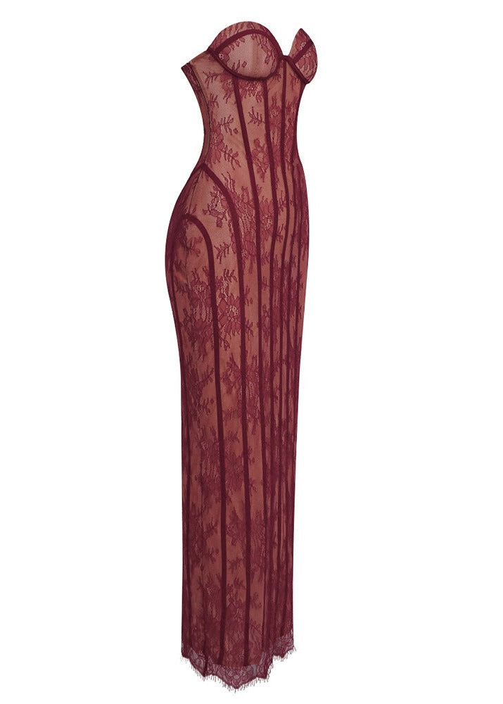 Vazrik Black Floral Lace Corset Maxi Dress