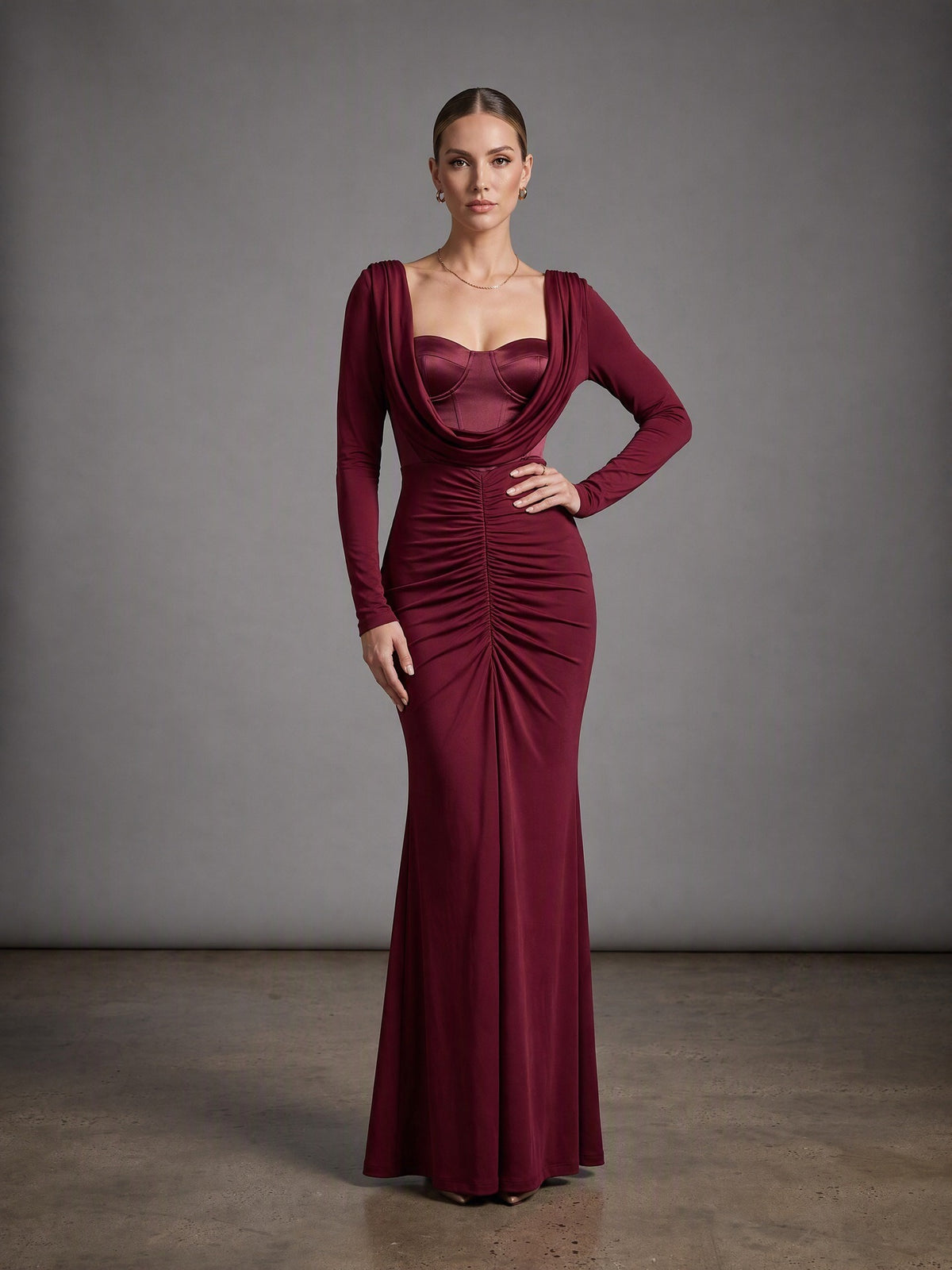 Evarik Long Sleeve Draped Bustier Maxi Dress