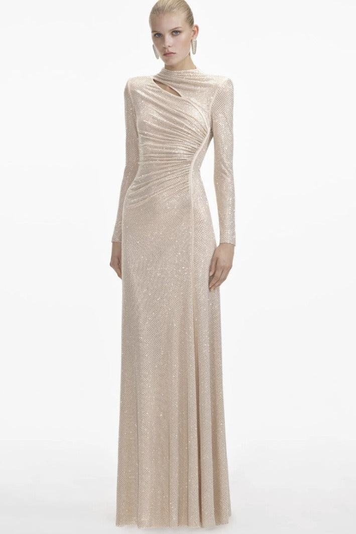 Antares Long Sleeve Embellished Maxi Dress In Nude