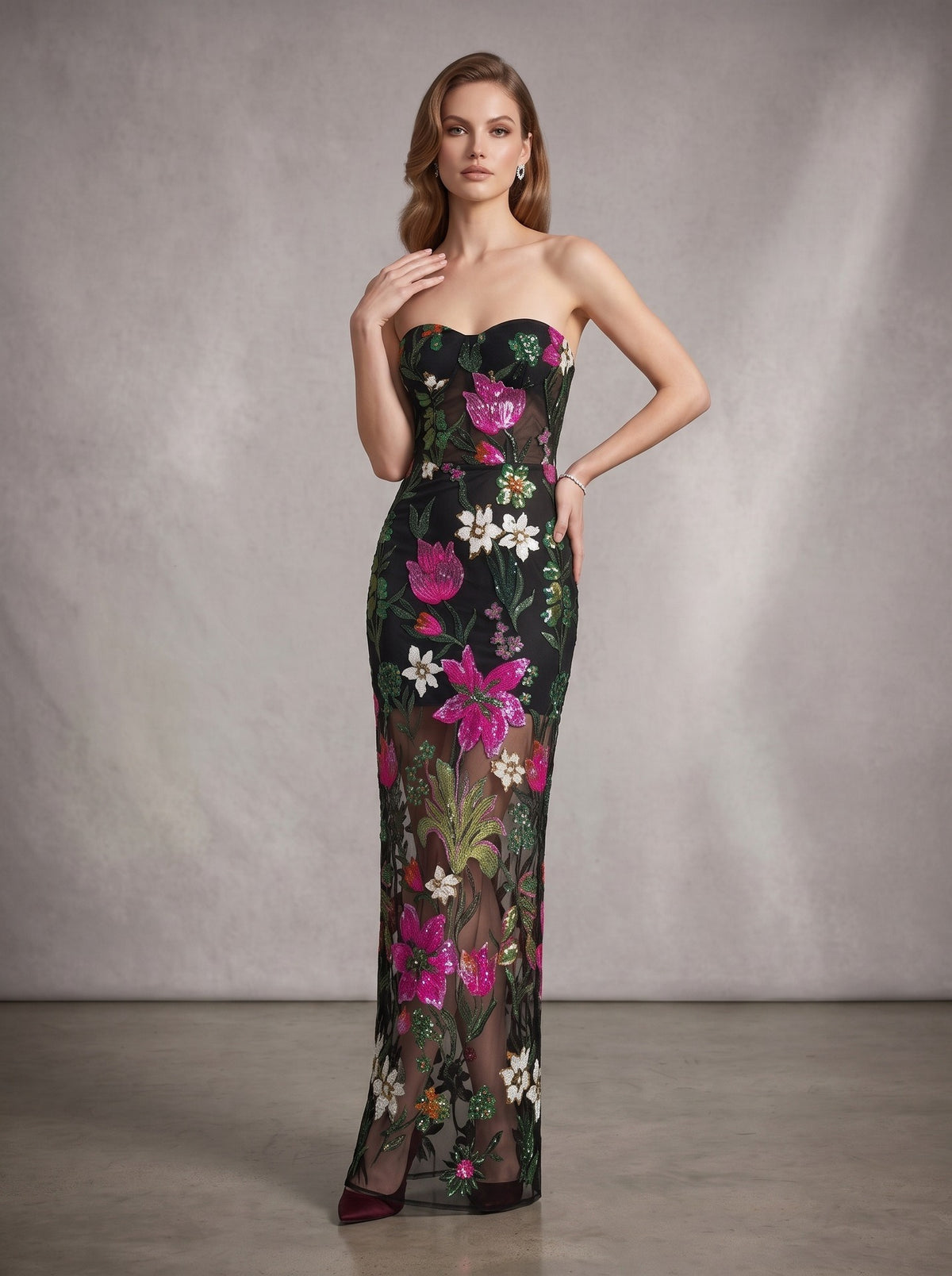 Chalina Strapless Sequin Flower Maxi Dress