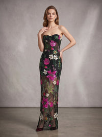 Chalina Strapless Sequin Flower Maxi Dress