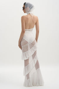 Rohak Halter Ruched Ruffle Maxi Dress In White
