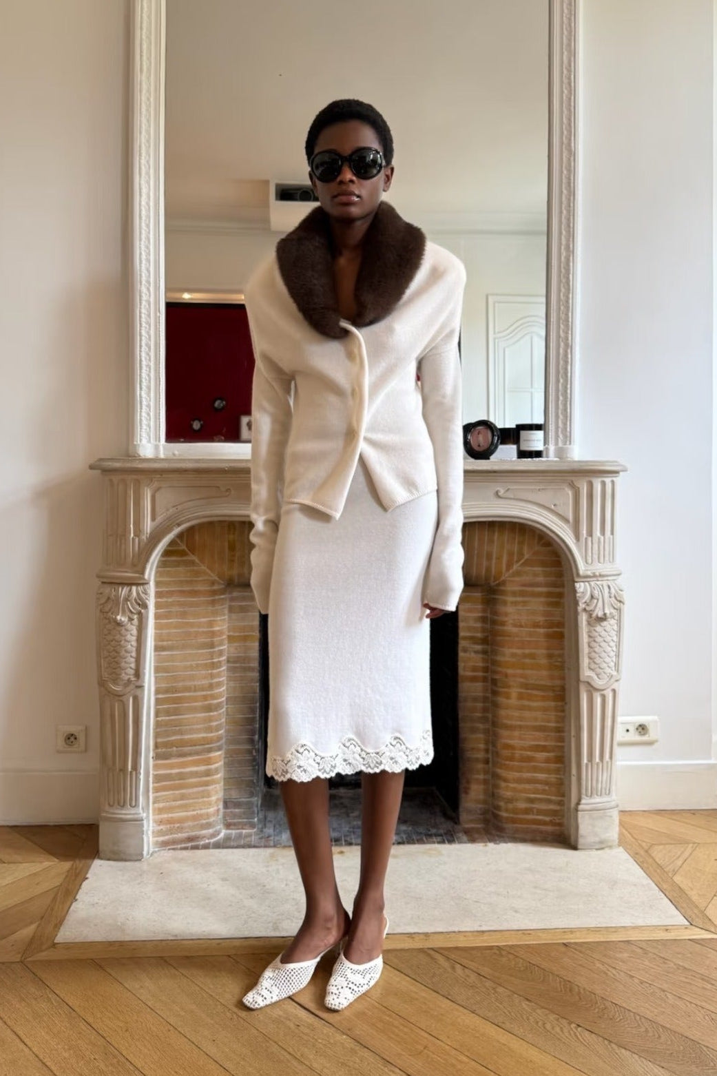 Fardex White Fur Collar Jacket & Midi Skirt Set