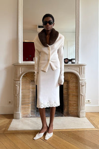 Fardex White Fur Collar Jacket & Midi Skirt Set