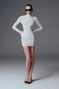 Yxalira Lace Jacquard Fishbone Bodycon Mini Dress In White