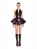 Laldris Halter Sequin Corset Mini Dress In Burgundy