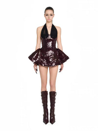 Laldris Halter Sequin Corset Mini Dress In Burgundy