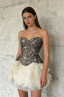 Xyrona Strapless Lace Corset Ruffle Two Piece Mini Dress