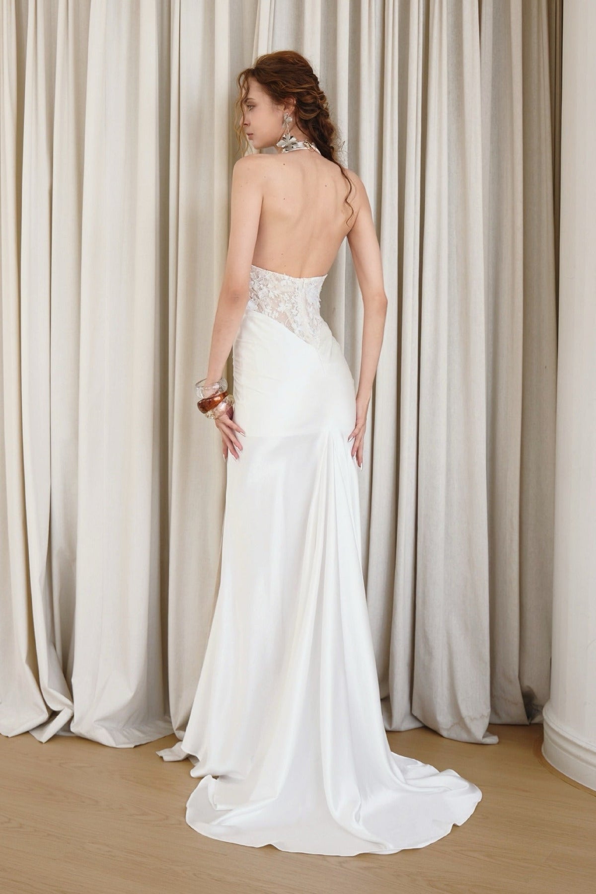 Orzavi Lace Backless Maxi Dress In White