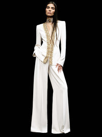 Ronaele ong Sleeve Embellished Neckline Suit In White