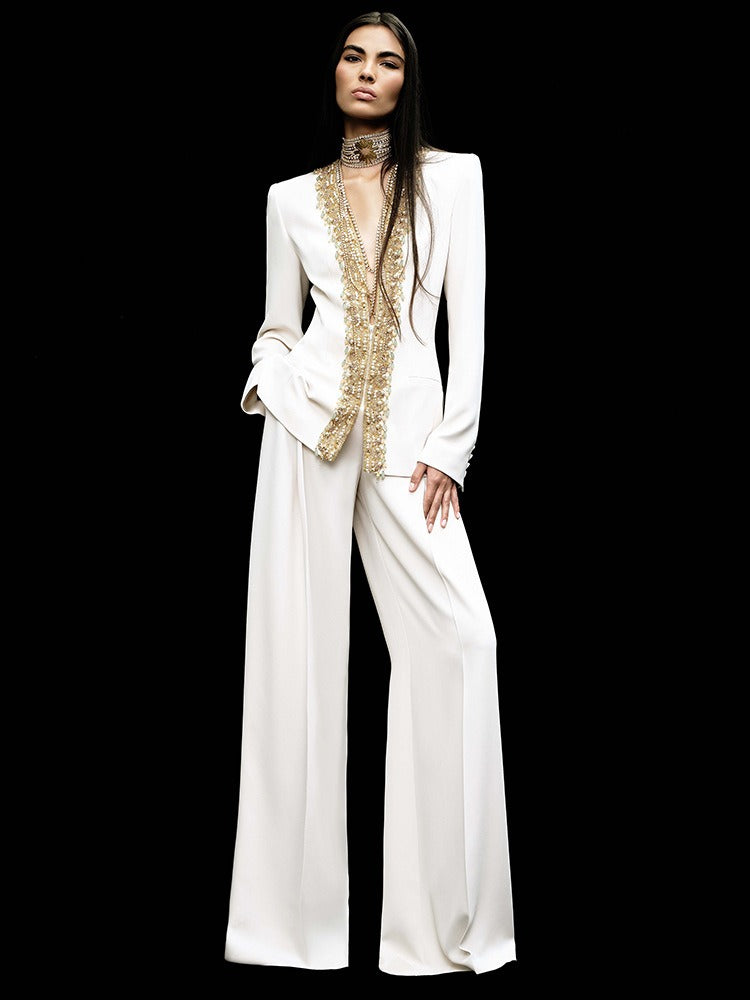 Ronaele ong Sleeve Embellished Neckline Suit In White