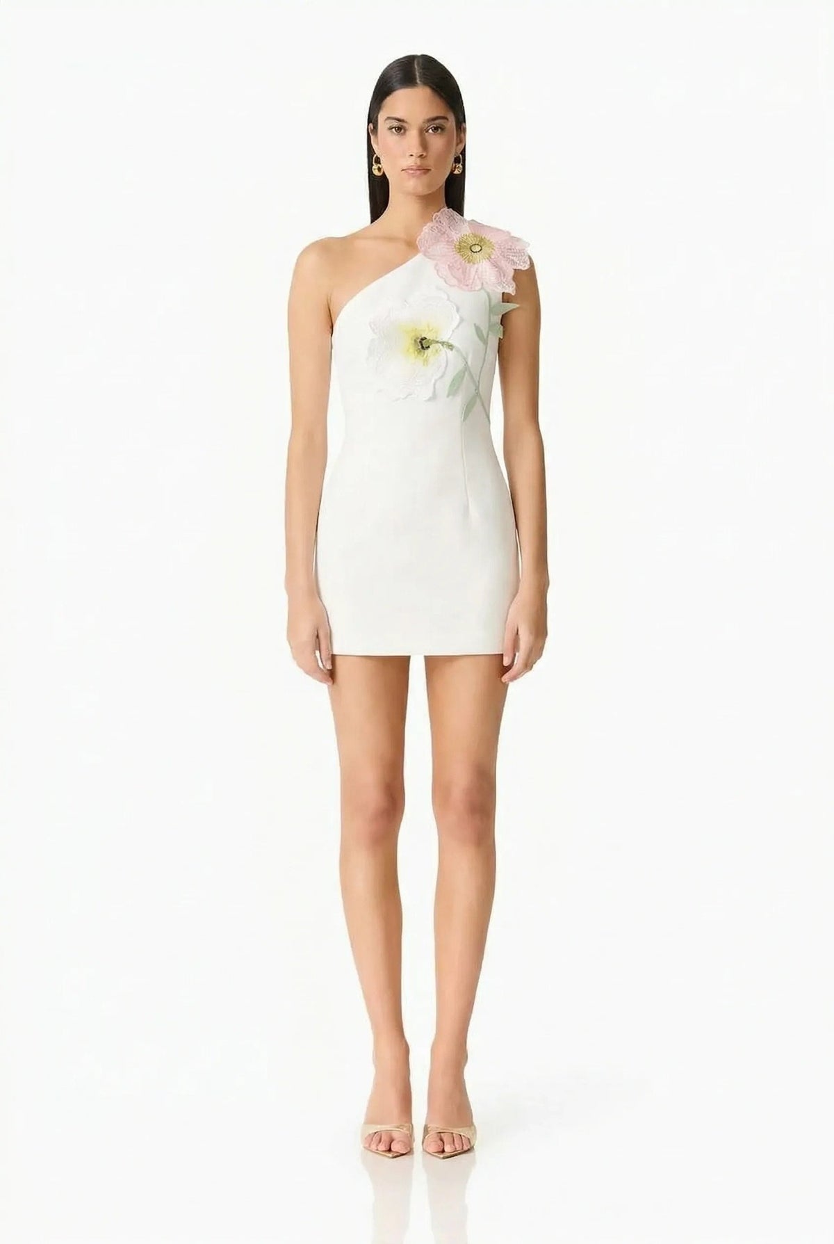 Destaing Floral Appliqué One Shoulder Mini Dress In White