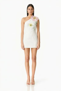 Destaing Floral Appliqué One Shoulder Mini Dress In White