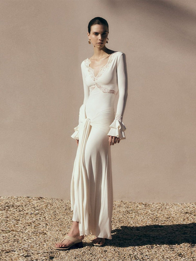 Grabrol Long Sleeve Lace Draped Maxi Dress In White